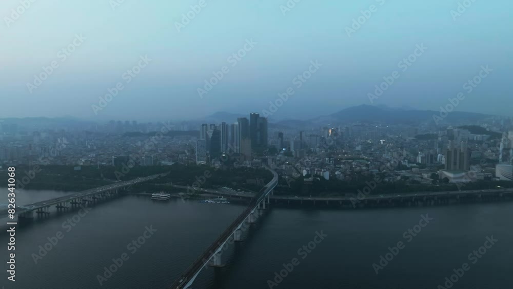 Drone View of Seoul city in South Korea, Dangsan, Han river, summer, sunset Drone View of Seoul city in South Korea, Dangsan, Han river, summer, sunset
