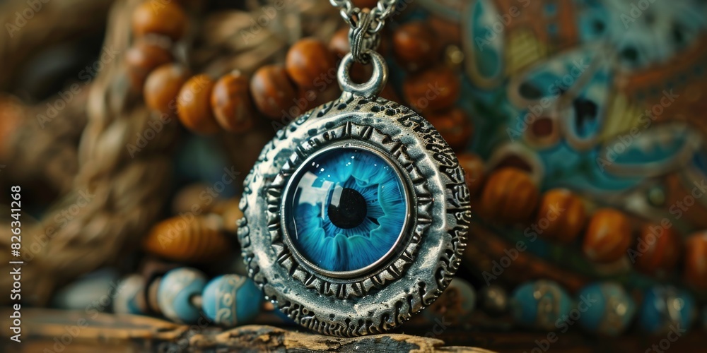 Fototapeta premium Close up of a necklace with a blue eye, suitable for fashion and accessories concepts