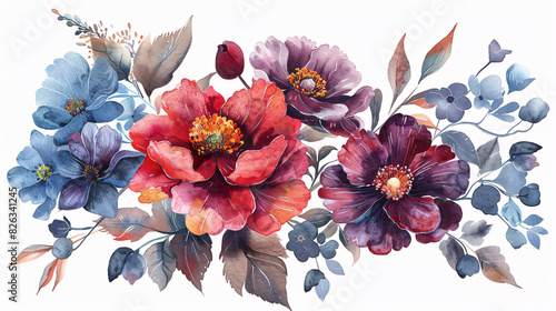 Watercolor illustrations of floral elements, including blooming peonies and nature-inspired decorations, isolated on white background