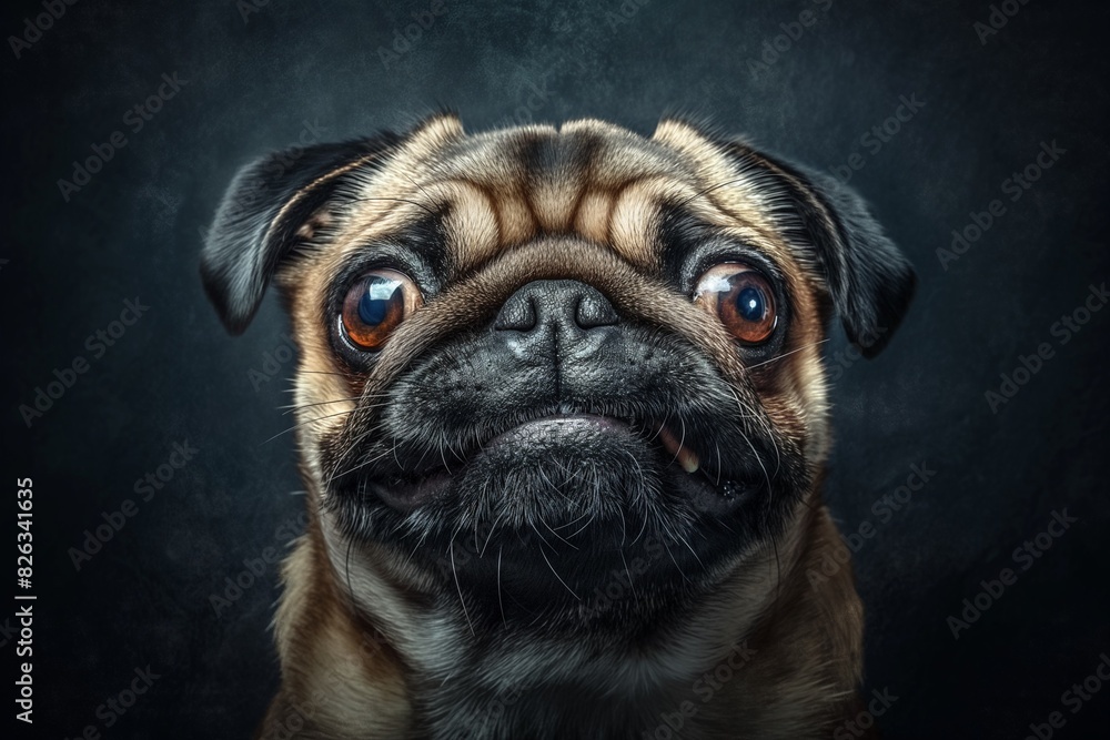 In the studio photo, a friendly pug is captured pulling a funny face, radiating charm and playfulness. This portrait perfectly captures the lovable and humorous nature of the pug.
