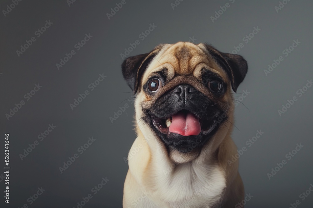 In the studio photo, a friendly pug is captured pulling a funny face, radiating charm and playfulness. This portrait perfectly captures the lovable and humorous nature of the pug. In the studio photo, a friendly pug is captured pulling a funny face, radiating charm and playfulness. This portrait perfectly captures the lovable and humorous nature of the pug.
