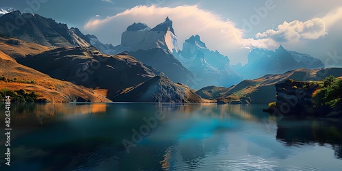mountain landscape. In the background, there’s a striking range of jagged mountains, their peaks reaching toward the sky