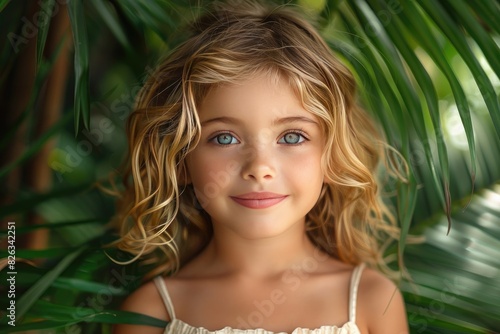 close up portrait  happy smiling little blonde curly hair girl in white summer dress in tropical forest among palm leaves