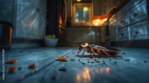A cockroach on the floor of a kitchen. Suitable for pest control advertisements photo