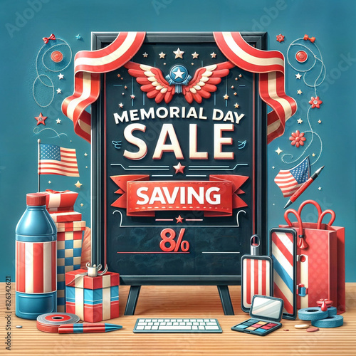 Advertising memorial day sale design, storewide savings concept,3d illustration created with generative ai. photo