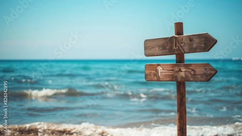 Wooden signpost at beach, pointing in two directions