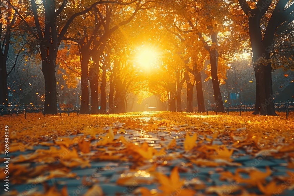 Beautiful autumn landscape with yellow trees and sun. Colorful foliage in the park. Falling leaves natural background