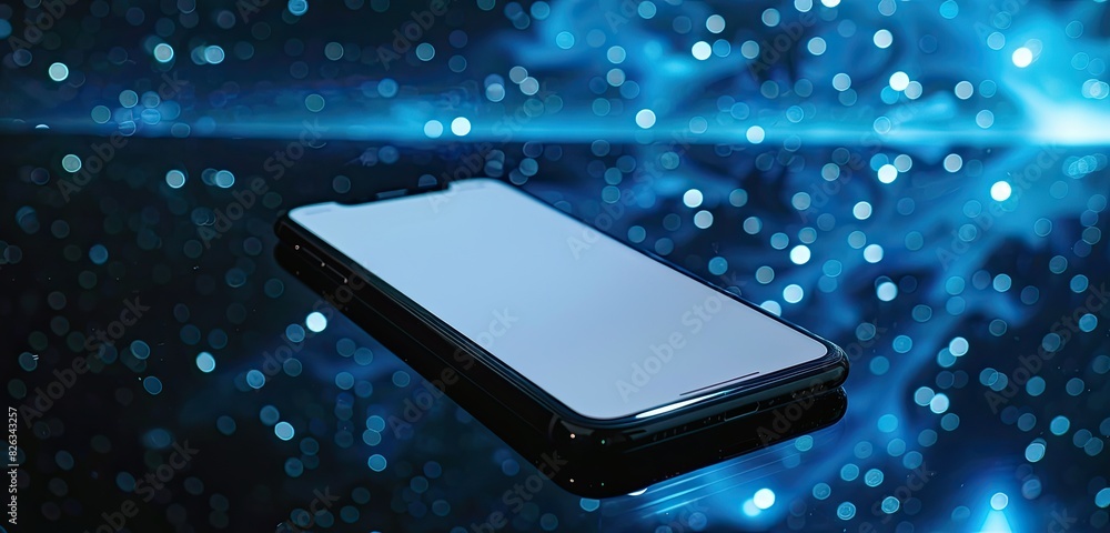 Black phone on a starlit glass table deep sapphire blue backdrop clear empty white screen. Black phone on a starlit glass table deep sapphire blue backdrop clear empty white screen.