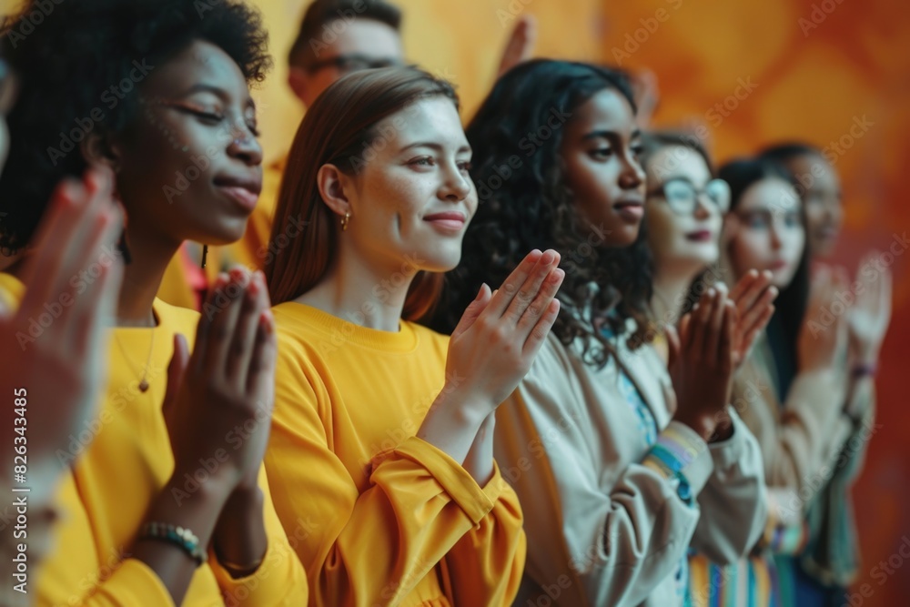 Fototapeta premium Group of women standing together and clapping, suitable for teamwork concepts