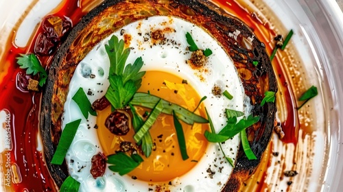   A close-up of an egg atop a sauce-covered plate with garnishments photo