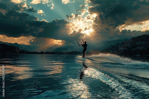 A man riding a wake board on a beautiful lake. Suitable for outdoor sports and leisure concepts photo
