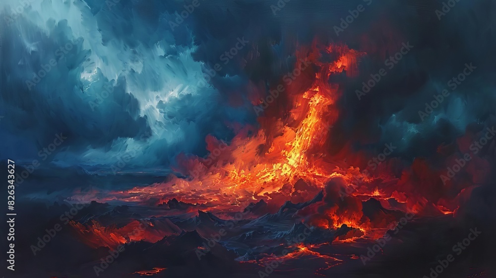 fiery volcanic eruption at night with glowing lava and smoky clouds dramatic landscape painting fiery volcanic eruption at night with glowing lava and smoky clouds dramatic landscape painting