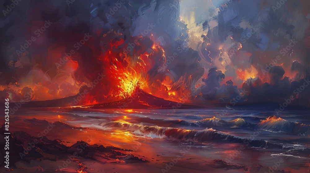 fiery volcanic eruption at night with glowing lava and smoky clouds dramatic landscape painting fiery volcanic eruption at night with glowing lava and smoky clouds dramatic landscape painting