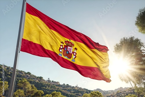 Waving Spanish flag in the wind against background of blue sky with sunlight. The national flag of Spain on a pole