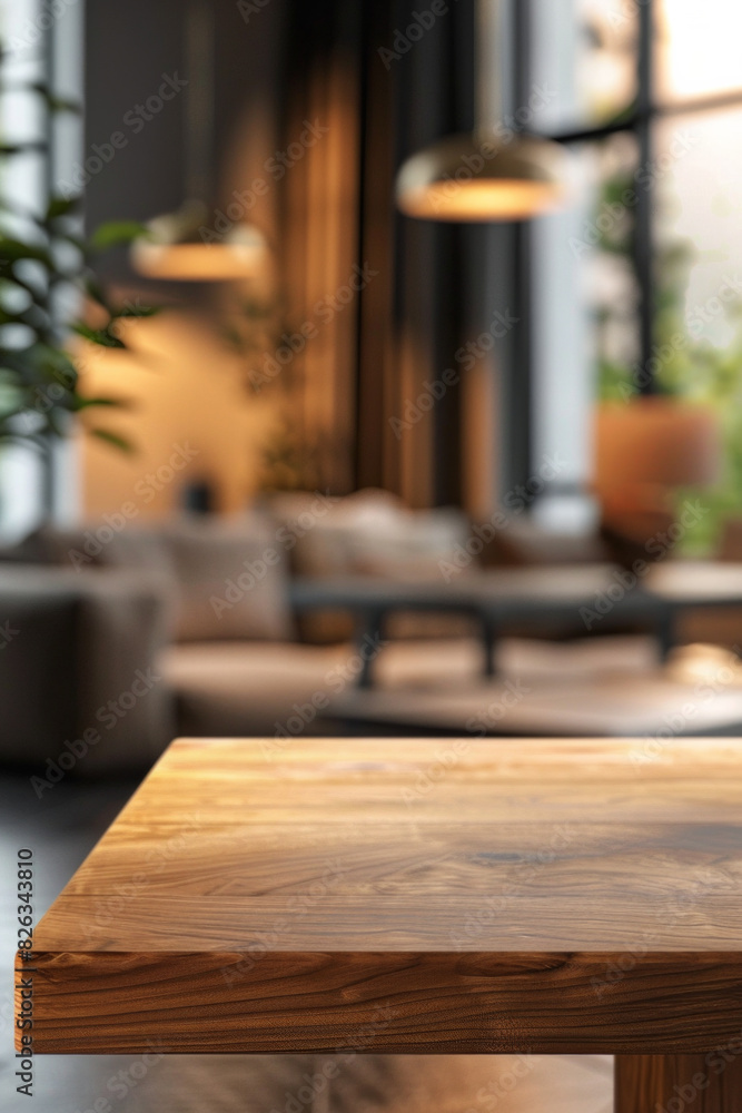 A wooden coffee table in the foreground with a blurred background of a minimalist living room. The background features sleek furniture, clean lines and large windows. A wooden coffee table in the foreground with a blurred background of a minimalist living room. The background features sleek furniture, clean lines and large windows.