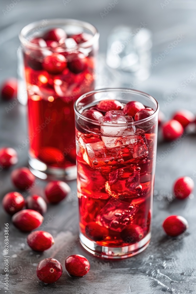 Refreshing Cranberry Cocktail with Ice and Rosemary Sprig on Elegant Background Refreshing Cranberry Cocktail with Ice and Rosemary Sprig on Elegant Background
