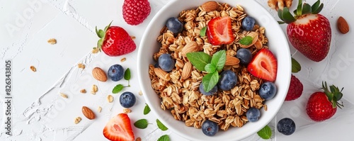 Flat lay of healthy breakfast with fruits, granola and nuts on white background. Free space for text, copy spaces concept. Flat layout design for ad poster or menu card in restaurant kitchen