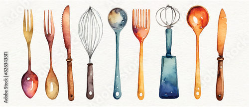Kitchen utensils pattern background in watercolor1