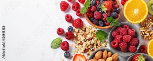 flat lay of a nutritious breakfast arrangement featuring fruits  granola  and nuts on a clean white background