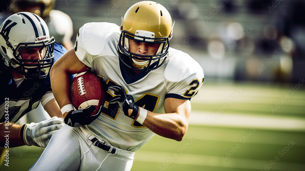 Fototapeta premium An American football player running with the ball during an intense game, athleticism displayed