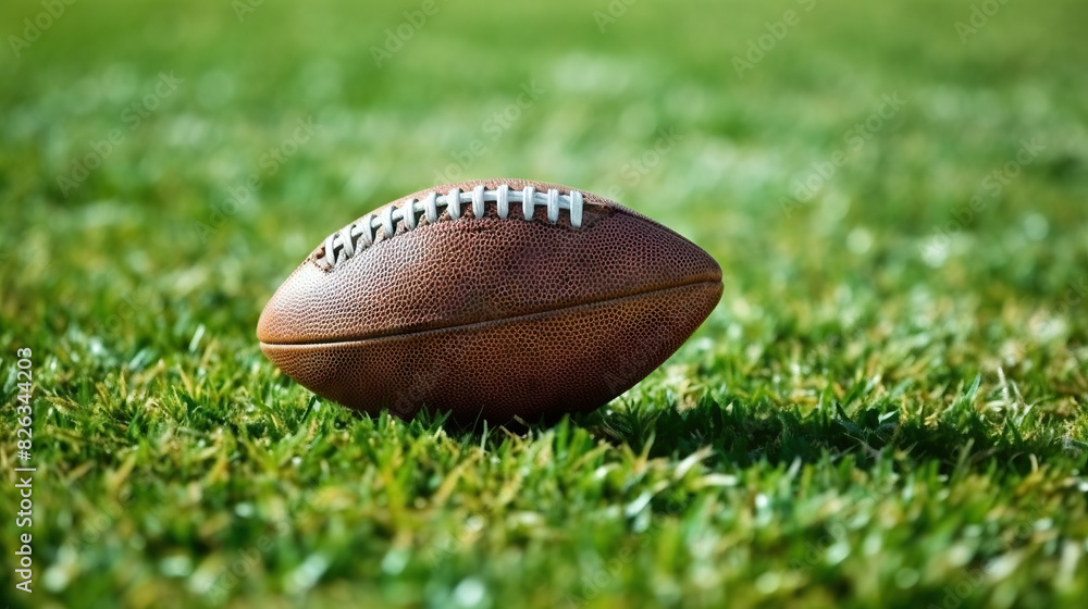 Obraz premium Close-up of an American football on a vibrant green grass field, indicating sports equipment