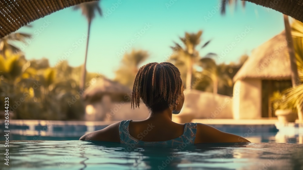 A woman peacefully relaxes in a pool with tropical surroundings, concept of leisure and relaxation A woman peacefully relaxes in a pool with tropical surroundings, concept of leisure and relaxation