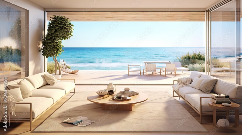 Fototapeta premium A modern beach house interior boasts expansive ocean views, perfectly blending indoor comfort with outdoor beauty
