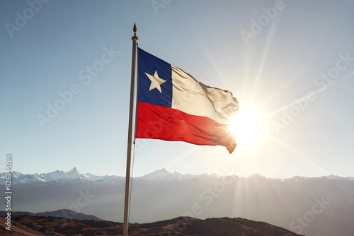 Waving Chile flag in the wind against sunlight and mountains.