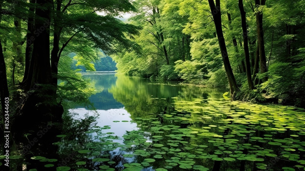 Obraz premium A tranquil forest landscape with a calm river adorned with lily pads and lush greenery