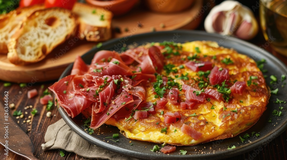Plate with Spanish pincho de tortilla and pincho de jamon omelette and Serrano ham served on bread Plate with Spanish pincho de tortilla and pincho de jamon omelette and Serrano ham served on bread