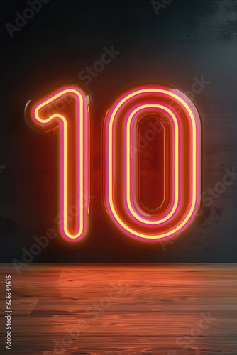 Neon sign displaying number 10 on rustic wooden floor. Suitable for various design projects