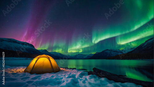 A glowing tent by a calm tranquil lake with the beautiful northern lights dancing in the sky