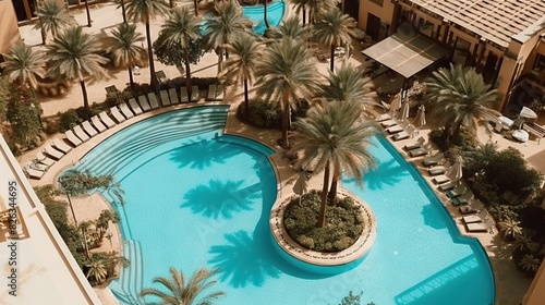 A birds-eye view capturing a luxurious pool within a palm tree-lined oasis at a resort  invoking a sense of leisure and relaxation