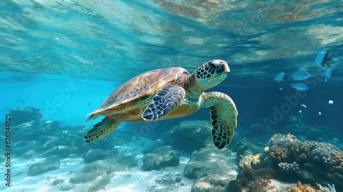 A vibrant image of a sea turtle gracefully swimming underwater among coral reefs, with a diver in the background