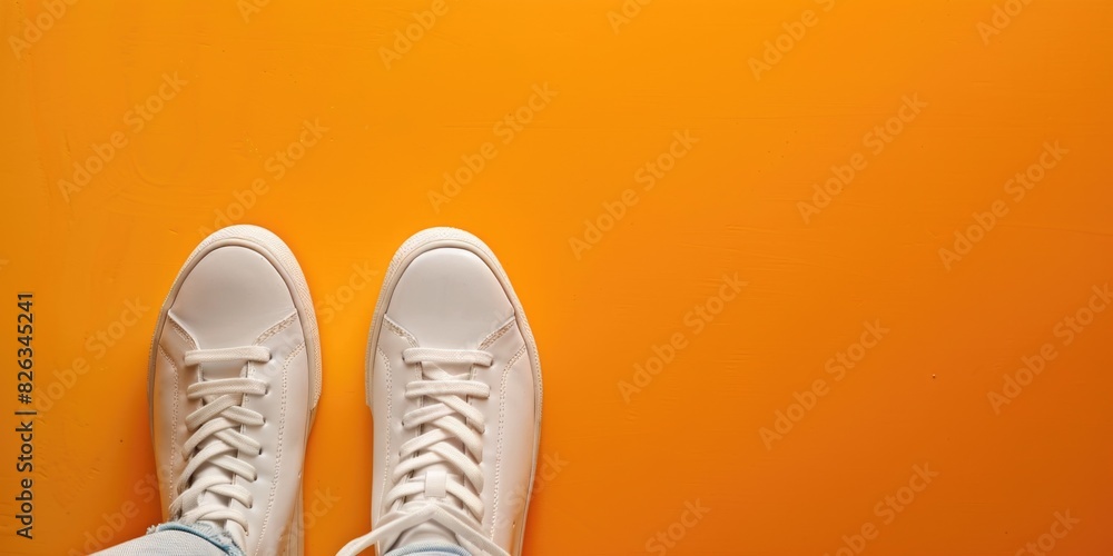 Pair of white sneakers resting on vibrant orange floor. Suitable for lifestyle or fashion concepts Pair of white sneakers resting on vibrant orange floor. Suitable for lifestyle or fashion concepts