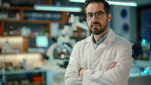 A man in a lab coat standing with his arms crossed. Suitable for scientific and research concepts