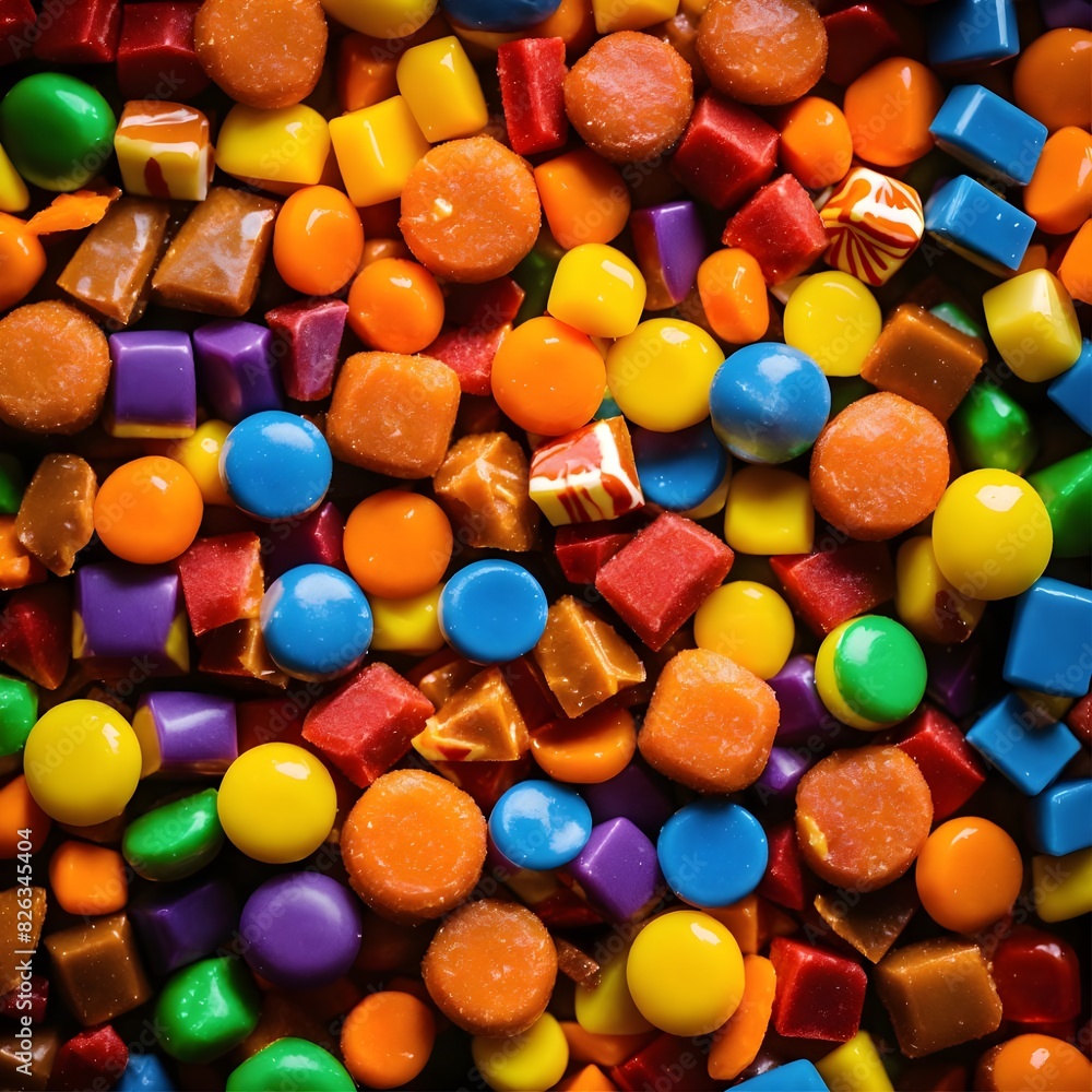 a pile of a variety of Halloween candy, various colors, various shapes, rectangular candies in wrapping, top down looking at the pile a pile of a variety of Halloween candy, various colors, various shapes, rectangular candies in wrapping, top down looking at the pile