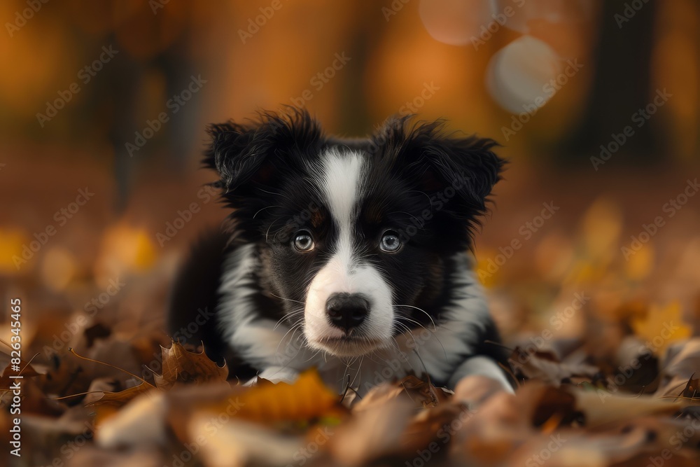 Cute black and white border collie puppy lying in a bed of fall foliage
