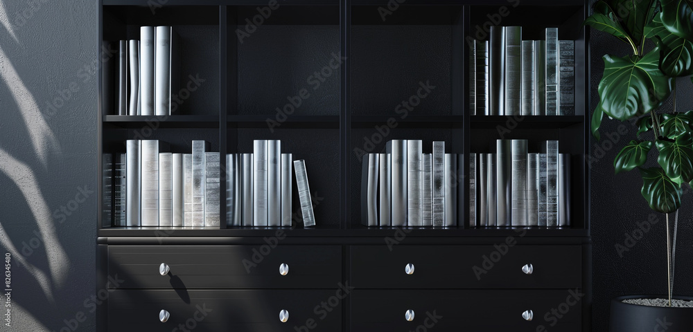 Stylish dark gallery featuring a black dresser with silver book spines, square poster. 3D rendering. Stylish dark gallery featuring a black dresser with silver book spines, square poster. 3D rendering.