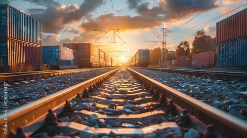 golden hour glow on railroad tracks and cargo containers landscape photography photo
