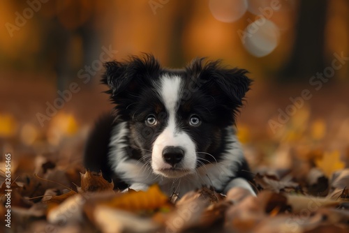 Cute black and white border collie puppy lying in a bed of fall foliage © anatolir