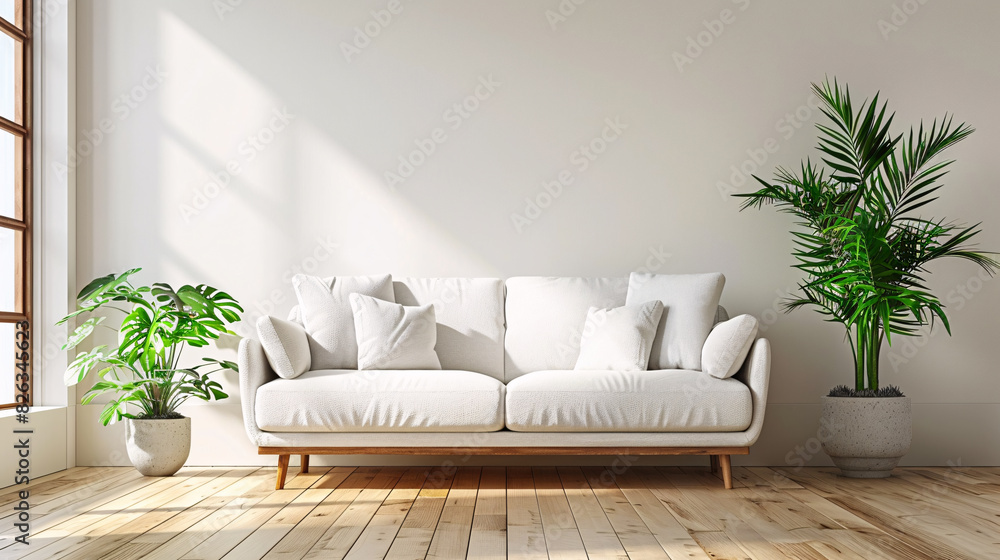 3D mockup of a modern living room with a white wall, green plants, and contemporary furniture 3D mockup of a modern living room with a white wall, green plants, and contemporary furniture