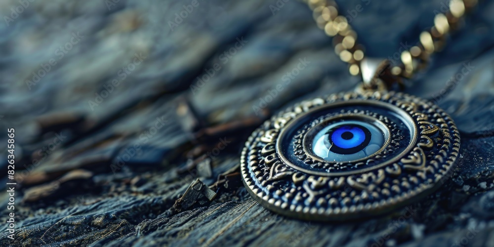 A stunning gold necklace featuring a blue eye pendant. Perfect for jewelry store promotions A stunning gold necklace featuring a blue eye pendant. Perfect for jewelry store promotions