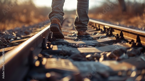 A person standing on the train track. Suitable for transportation concepts