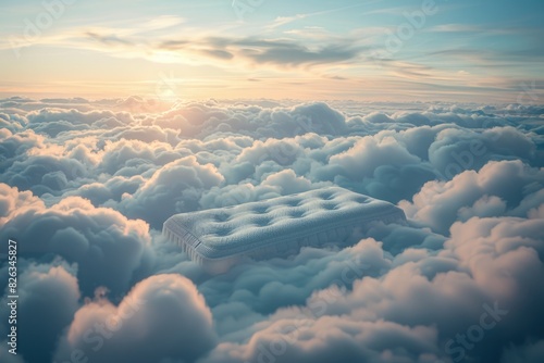 A surreal image of a mattress floating in the clouds with the sun shining in the background. Perfect for dreamy and imaginative concepts photo