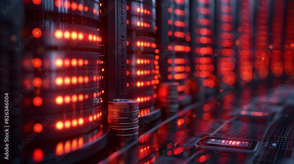 3D Render of Computer Servers with Stacks of Money and Coins in Simple Masculine Colors on a Dark Background 3D Render of Computer Servers with Stacks of Money and Coins in Simple Masculine Colors on a Dark Background