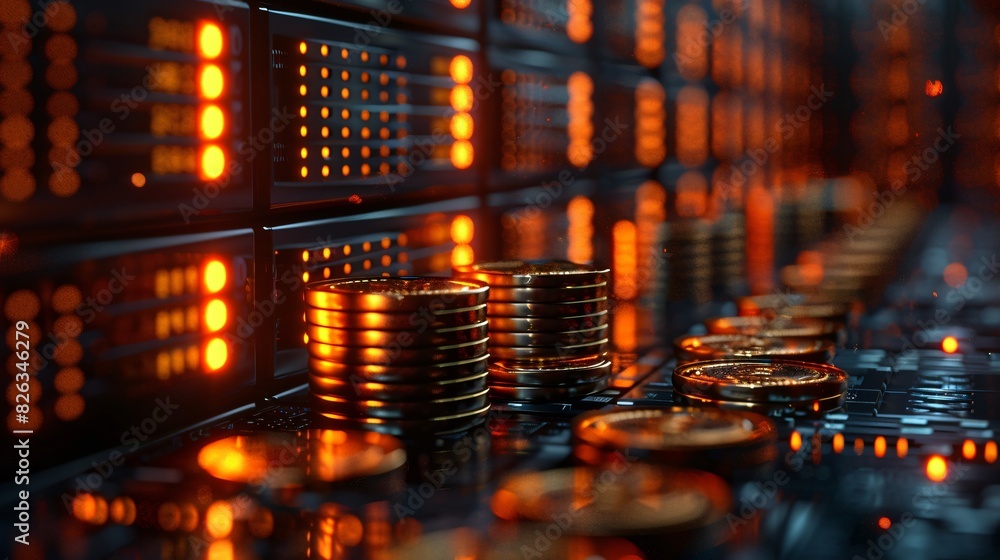 3D Render of Computer Servers with Stacks of Money and Coins in Simple Masculine Colors on a Dark Background