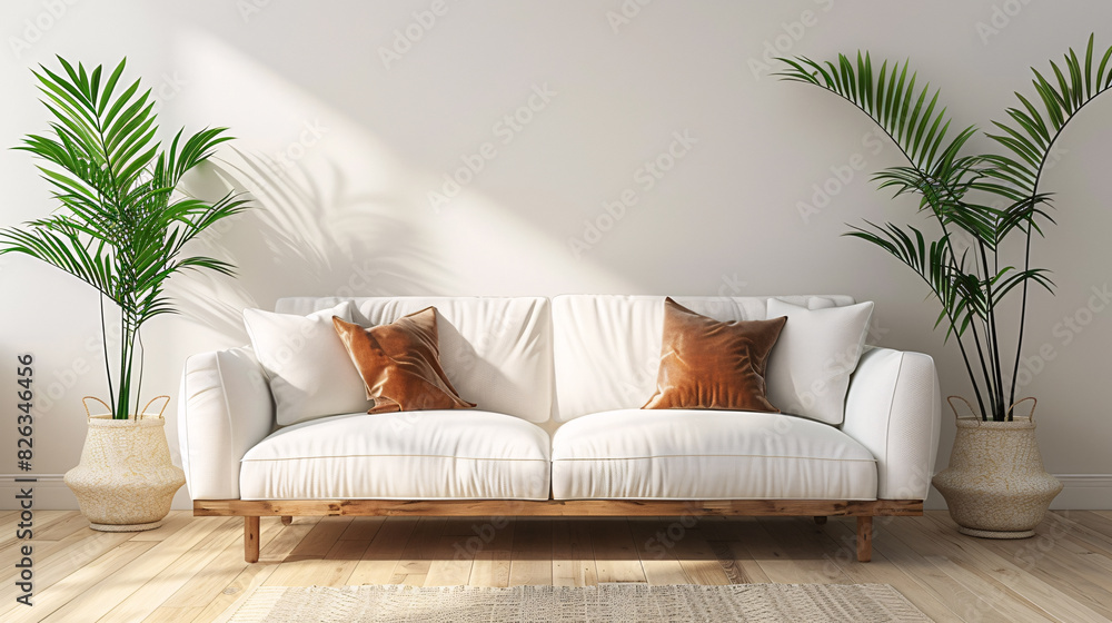 3D mockup of a modern living room with a white wall, green plants, and contemporary furniture 3D mockup of a modern living room with a white wall, green plants, and contemporary furniture