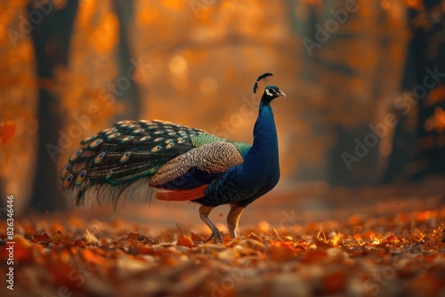 A majestic peacock standing in a field of leaves. Suitable for nature and wildlife concepts