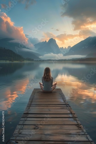 A woman peacefully sitting on a dock in the middle of a serene lake. Suitable for relaxation or nature-themed concepts